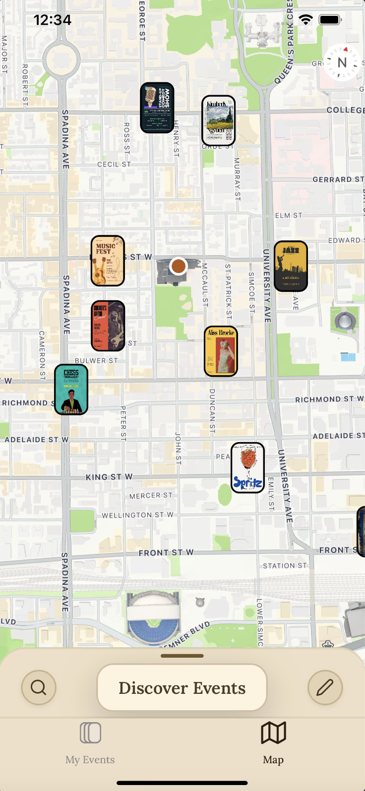 Common app map view showing events in Toronto